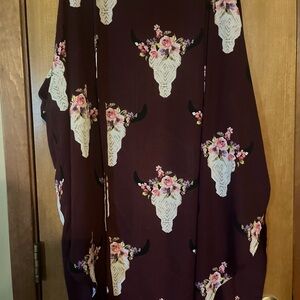 Peach Love California Burgundy Floral Bull Skull Wrap Scarf